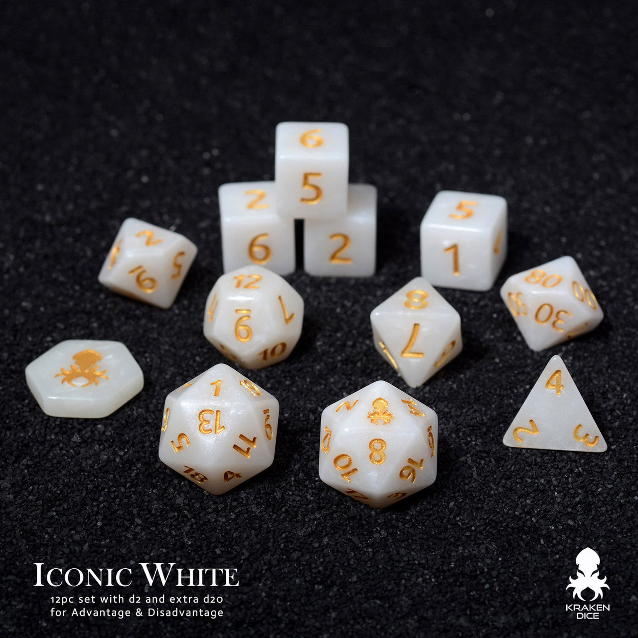 Iconic White 14pc DnD Dice Set With Kraken Logo