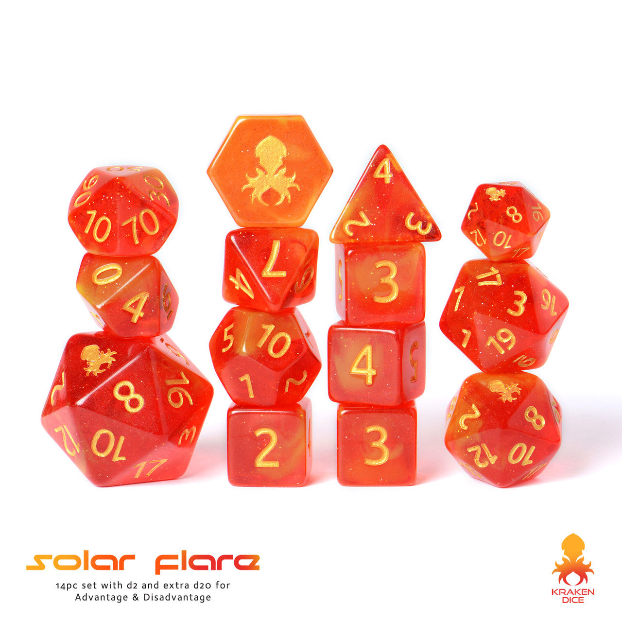 Solar Flare 14pc DnD Dice Set With Kraken Logo