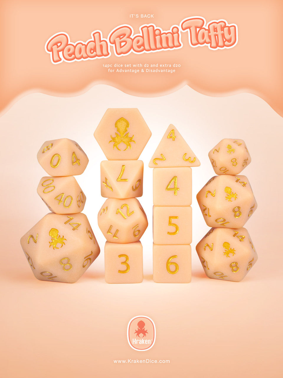 "Kraken Sweets" Peach Bellini 14pc Matte Dice Set
