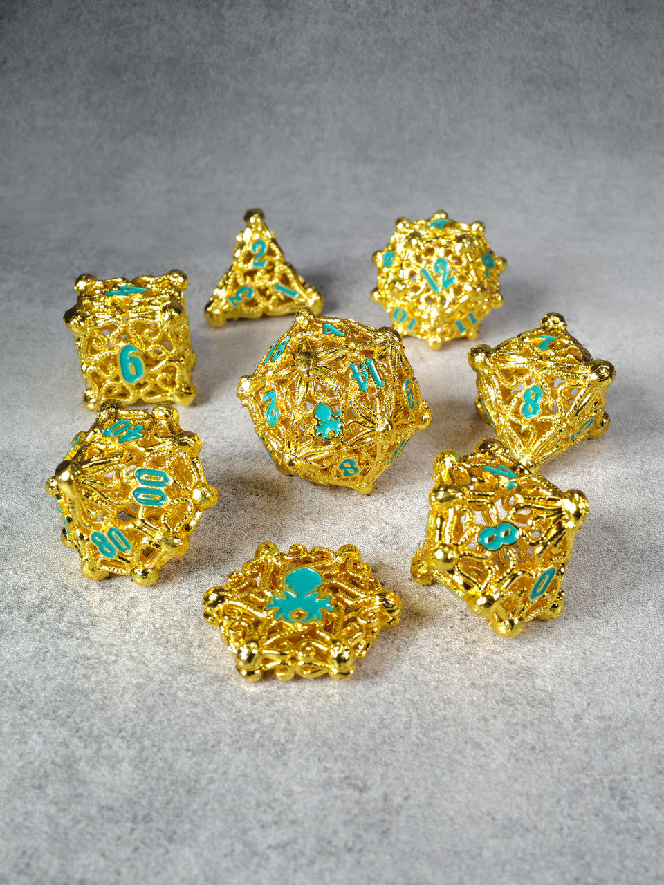 Kraken's Cabal Gold w/ Teal Ink 8 piece Metal Dice Set