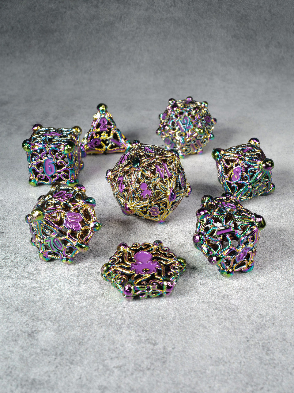 Kraken's Cabal Rainbow w/ Purple Ink 8 piece Metal Dice Set