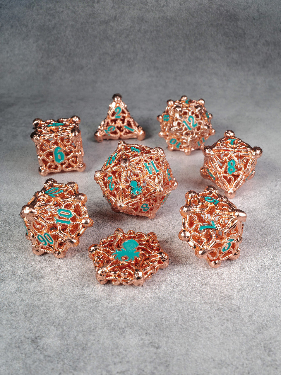 Kraken's Cabal Rose Gold w/ Teal Ink 8 piece Metal Dice Set