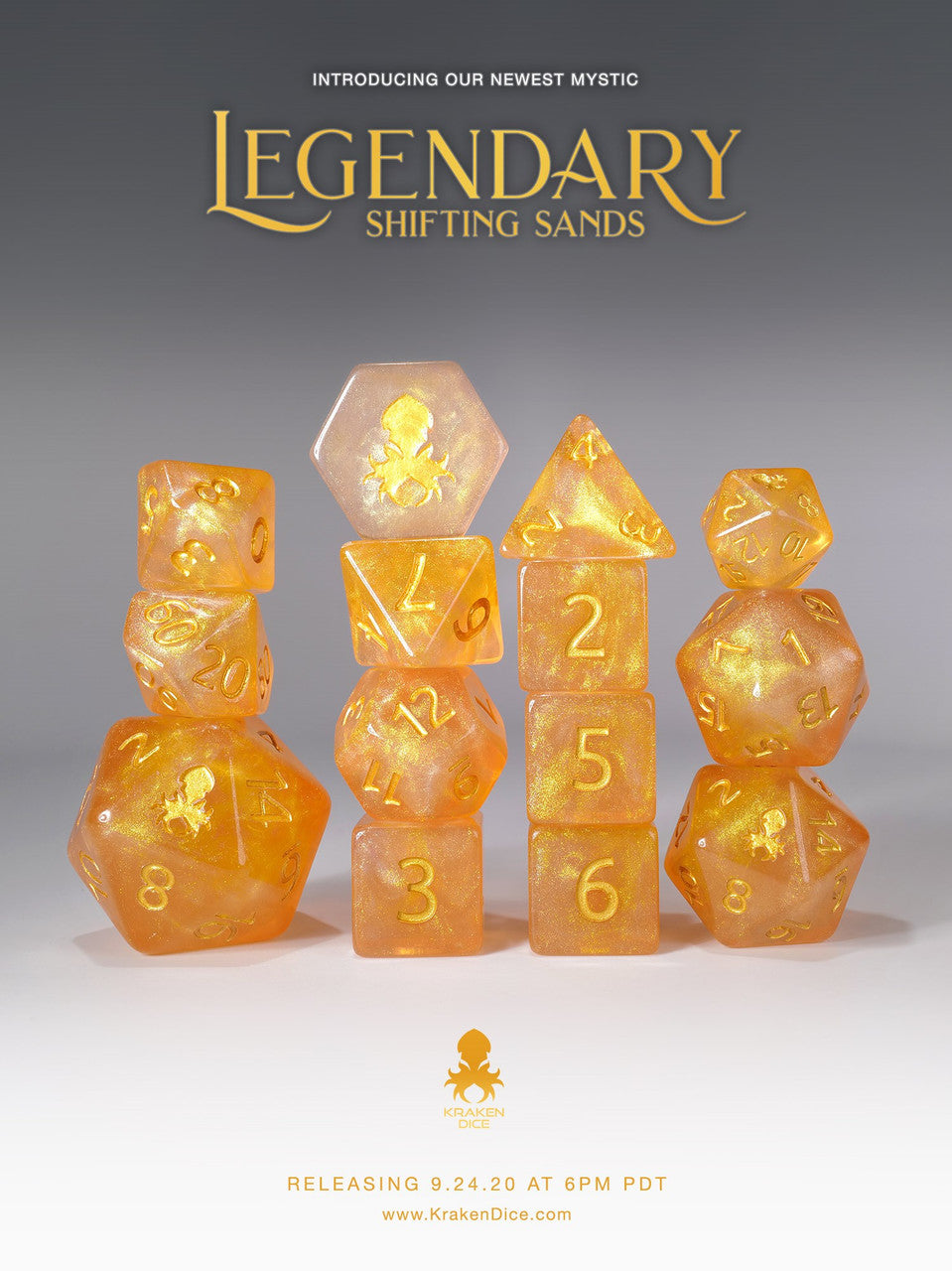 Legendary: Shifting Sands 12pc Gold Ink Dice Set With Kraken Logo for TTRPGs