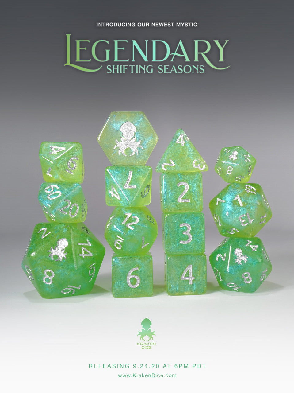 Legendary: Shifting Seasons 14pc Silver Ink Dice Set With Kraken Logo for TTRPGs