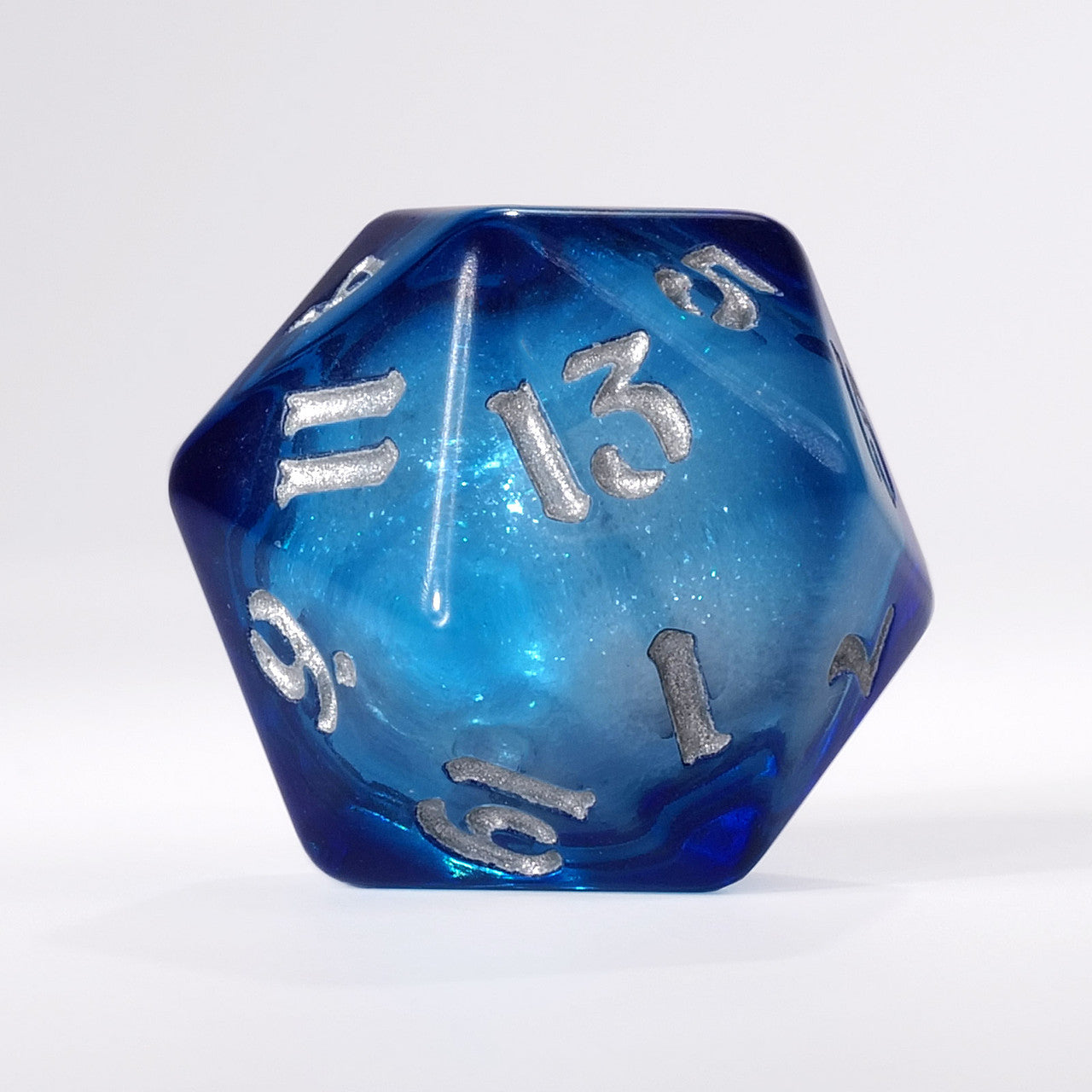 Dark Blue Liquid Core Single D20 with Silver Ink