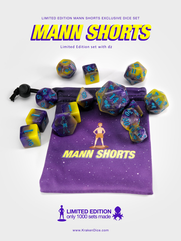 Kraken Dice - Mann Shorts Florida Mann 14pc Polyhedral Dice set with Blue Ink