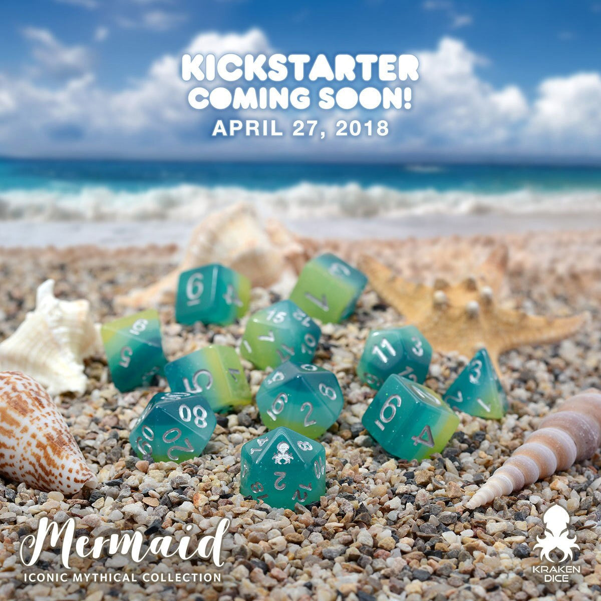 Mermaid 12pc Silver Ink Dice Set With Kraken Logo