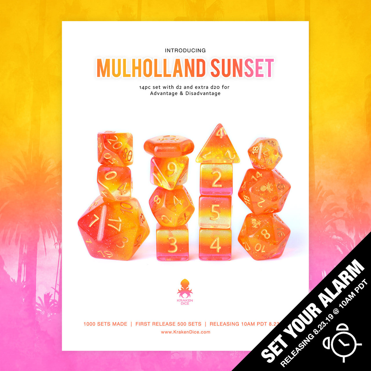 Mulholland Sunset 14pc Dice Set inked in Gold