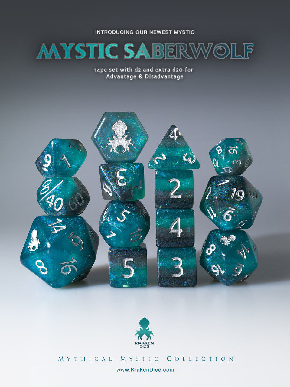 Mystic SaberWolf 14pc Silver Ink Dice Set With Kraken Logo
