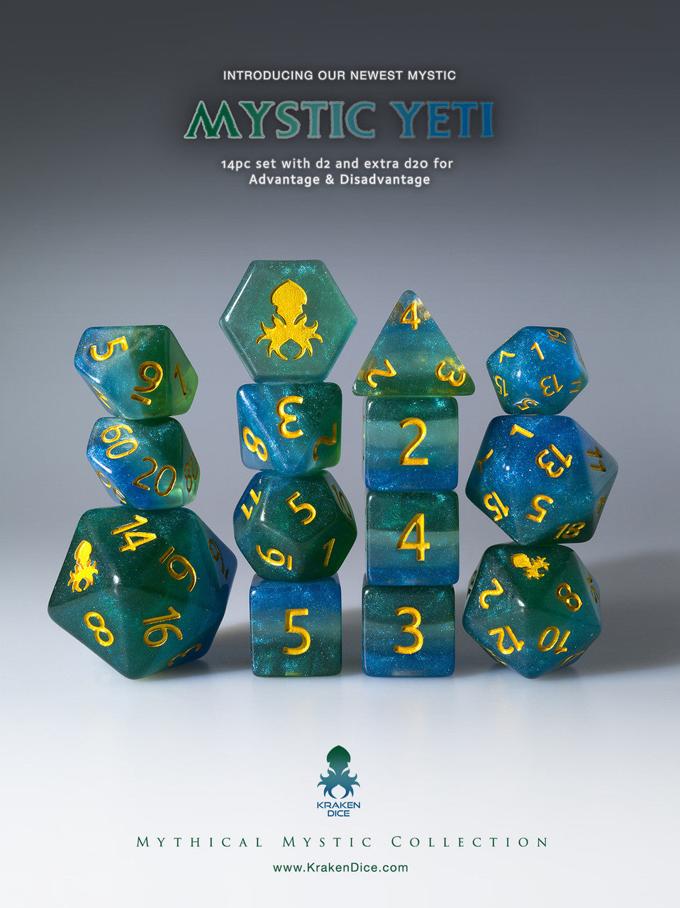 Mystic Yeti 14pc Gold Ink Dice Set With Kraken Logo