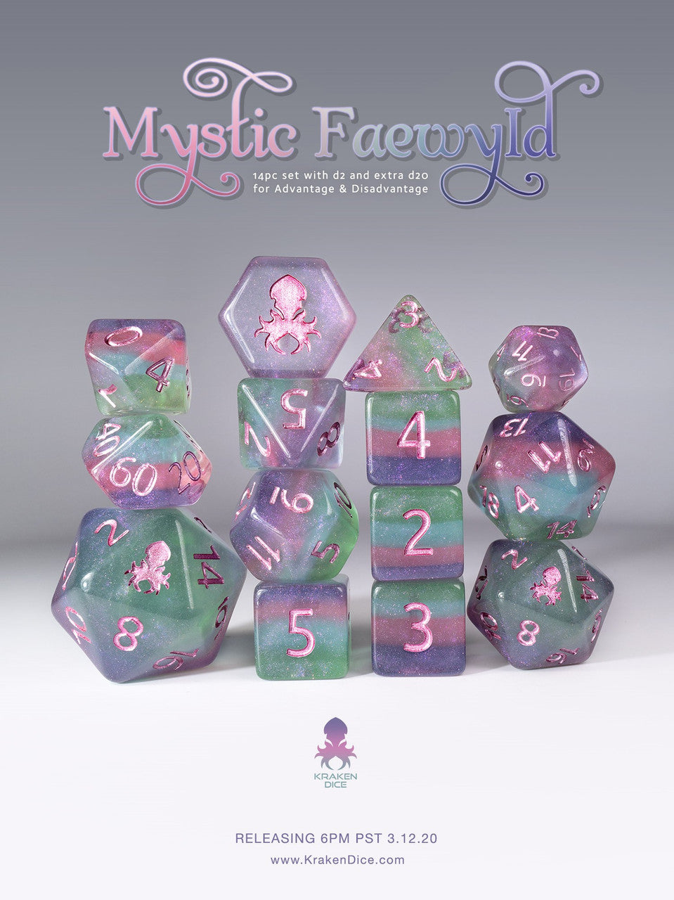 Mystic Faewyld 14pc Polyhedral Dice set with Purple Ink
