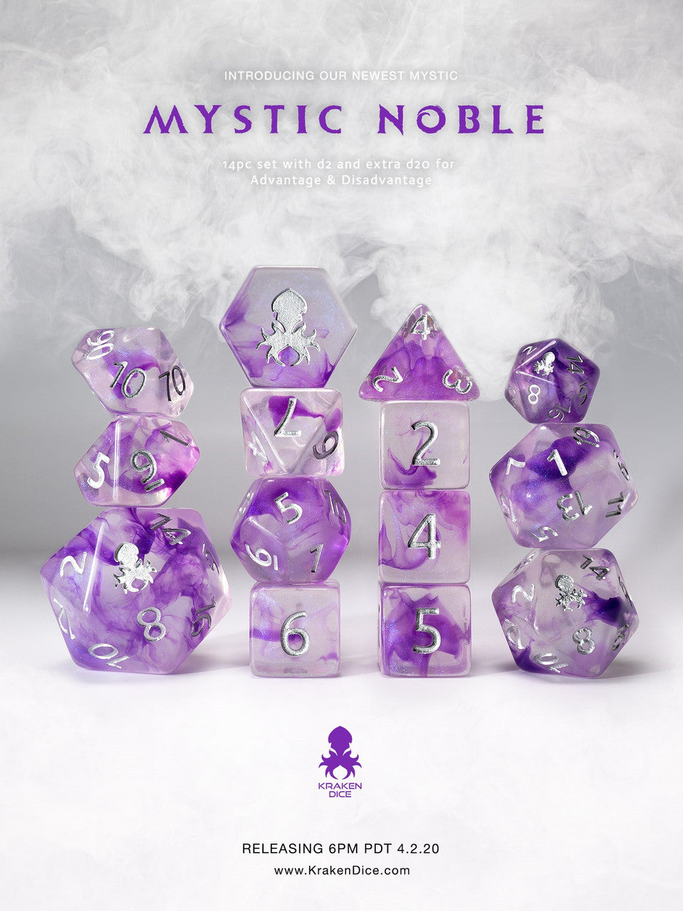 Mystic Noble 14pc Polyhedral Dice set with Silver Ink