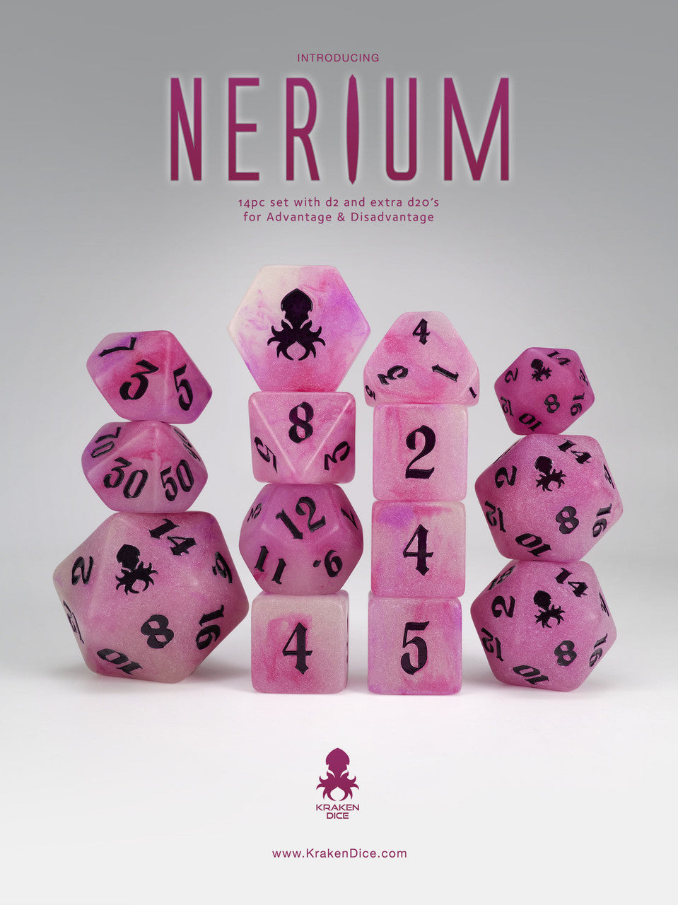 Nerium 14pc Glow in the Dark Dice Set with Dark Purple Ink