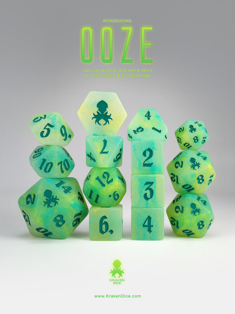 Ooze 14pc Glow in the Dark Dice Set with Green Ink