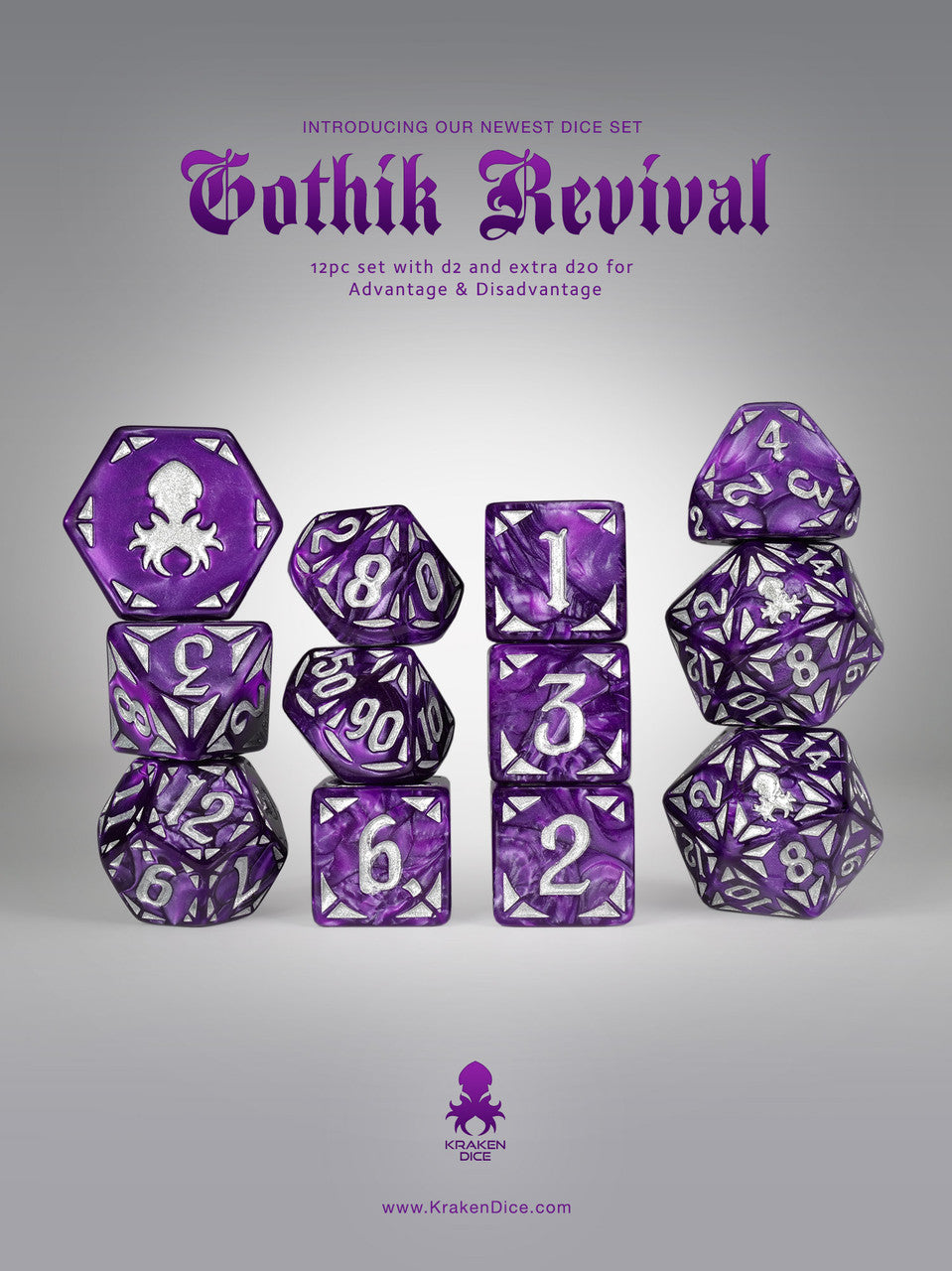 Purple Gothik Revival RPG 12pc Dice Set