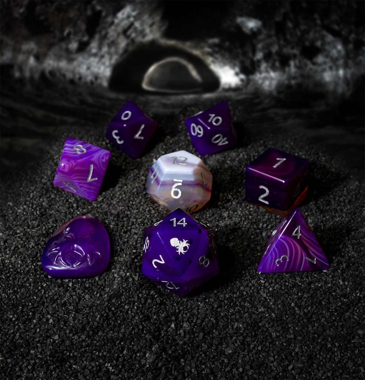 Natural Purple Agate Semi-Precious 8 pc Dice Set with Kraken Logo for RPGs