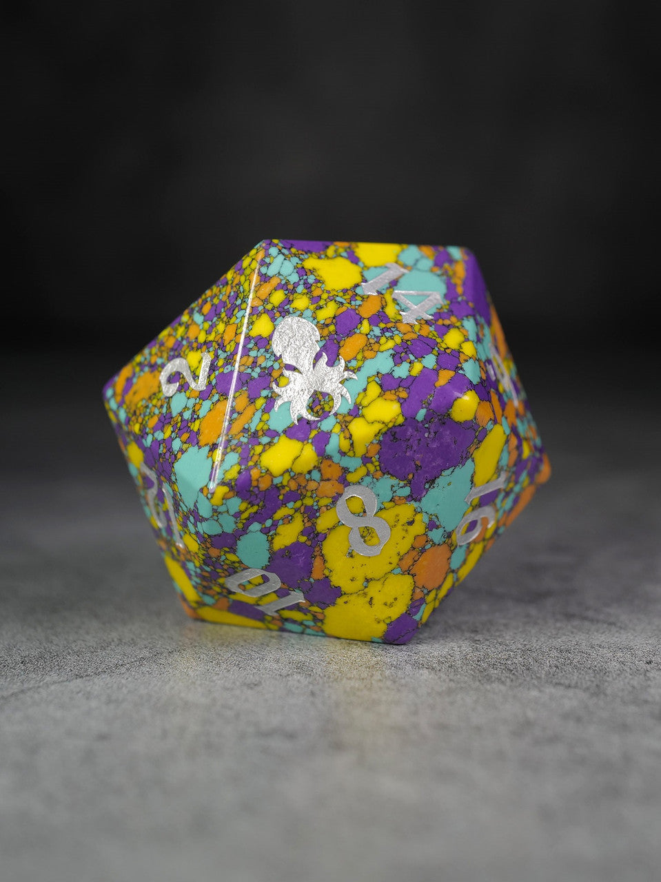 40mm Orange Purple Yellow Mosaic Semi-Precious Single D20 with Silver Ink