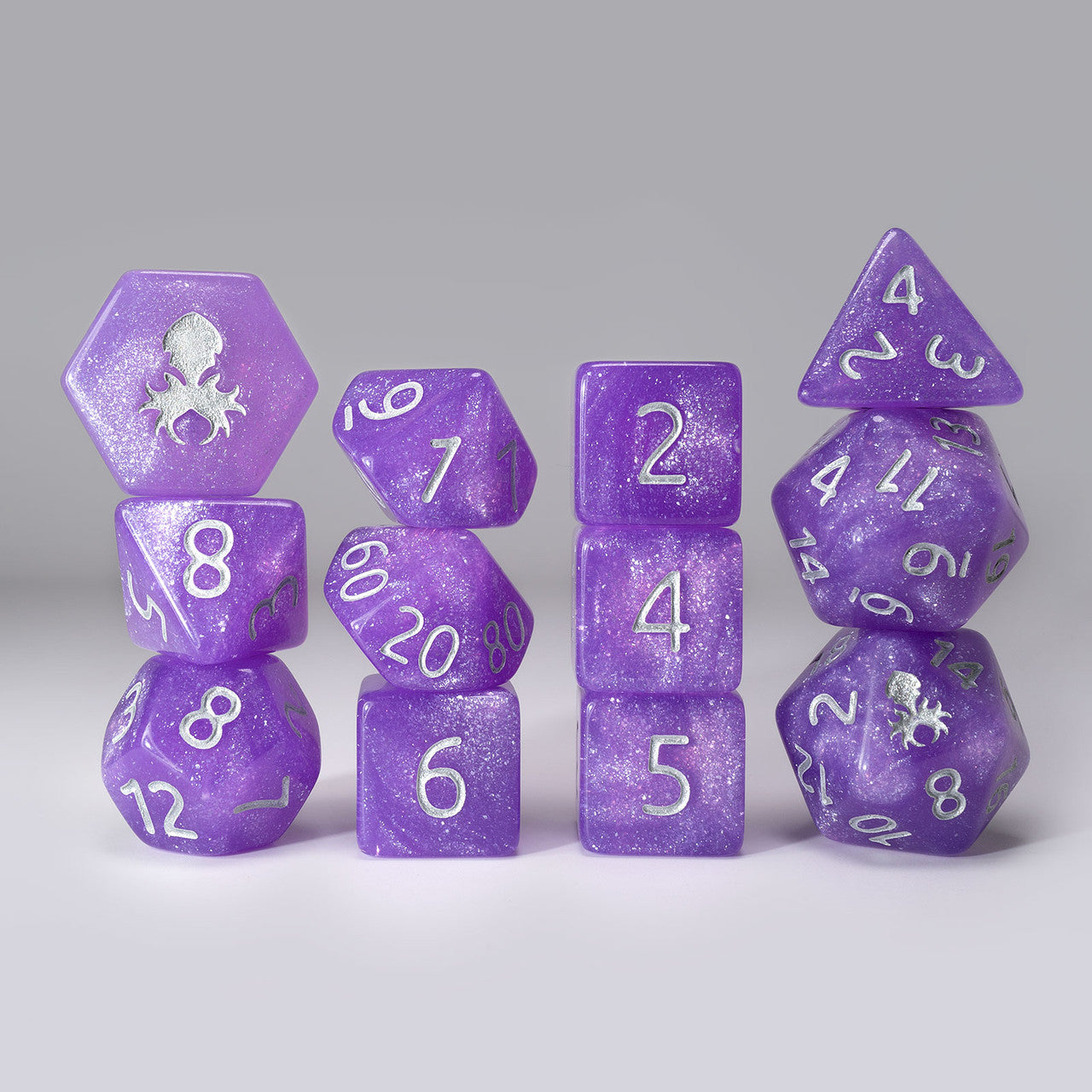 Team Purple Glitter Dice 12pc RPG Dice Set with Silver Ink