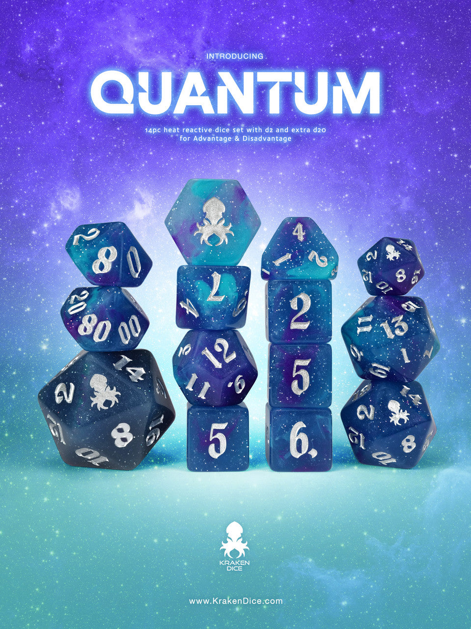 Quantum Heat Reactive 14pc Dice Set for TTRPGs inked in Silver
