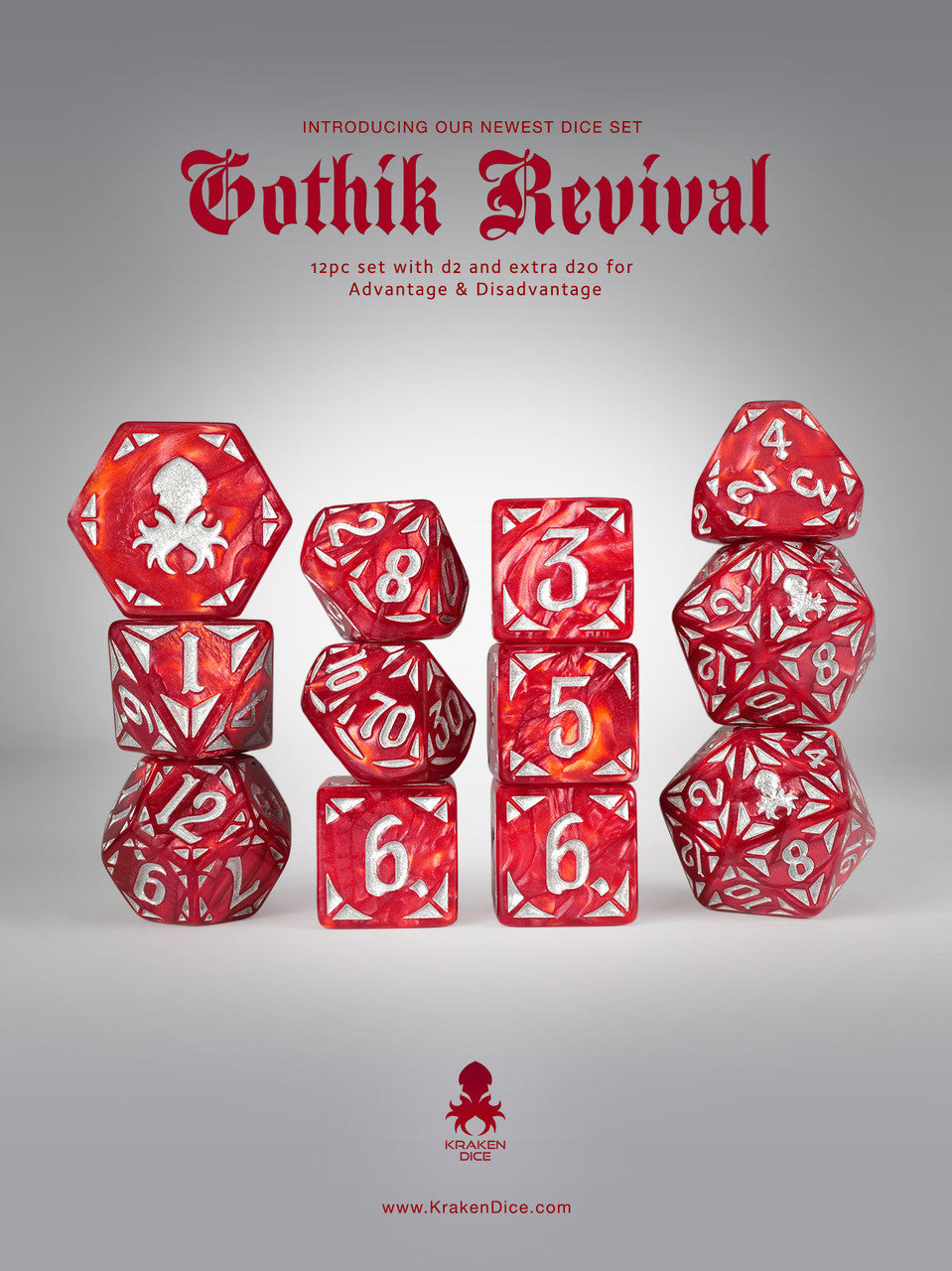 Red Gothik Revival RPG 12pc Dice Set