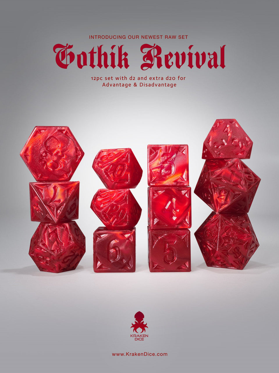 RAW Red Gothik Revival RPG 12pc Dice Set