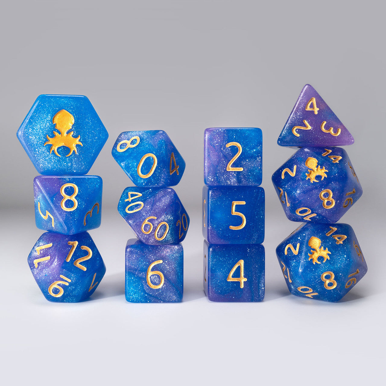 Team Purple-Blue Glitter Dice 12pc RPG Dice Set with Gold Ink – Kraken Dice