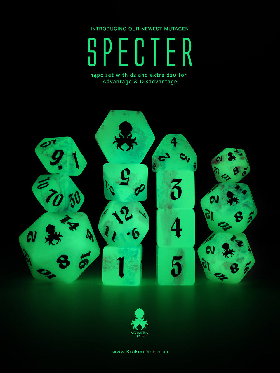 Specter 14pc Glow in the Dark Dice Set with Titanium Blue Ink