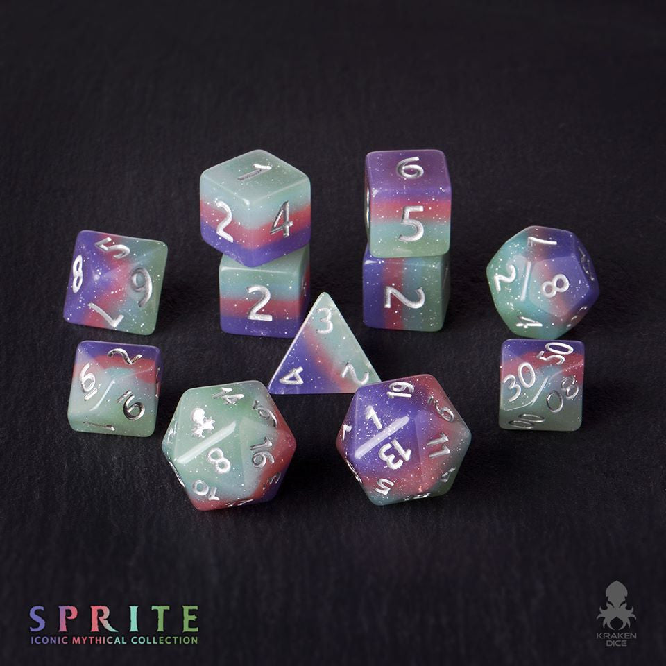 Sprite 12pc Silver Ink Dice Set With Kraken Logo