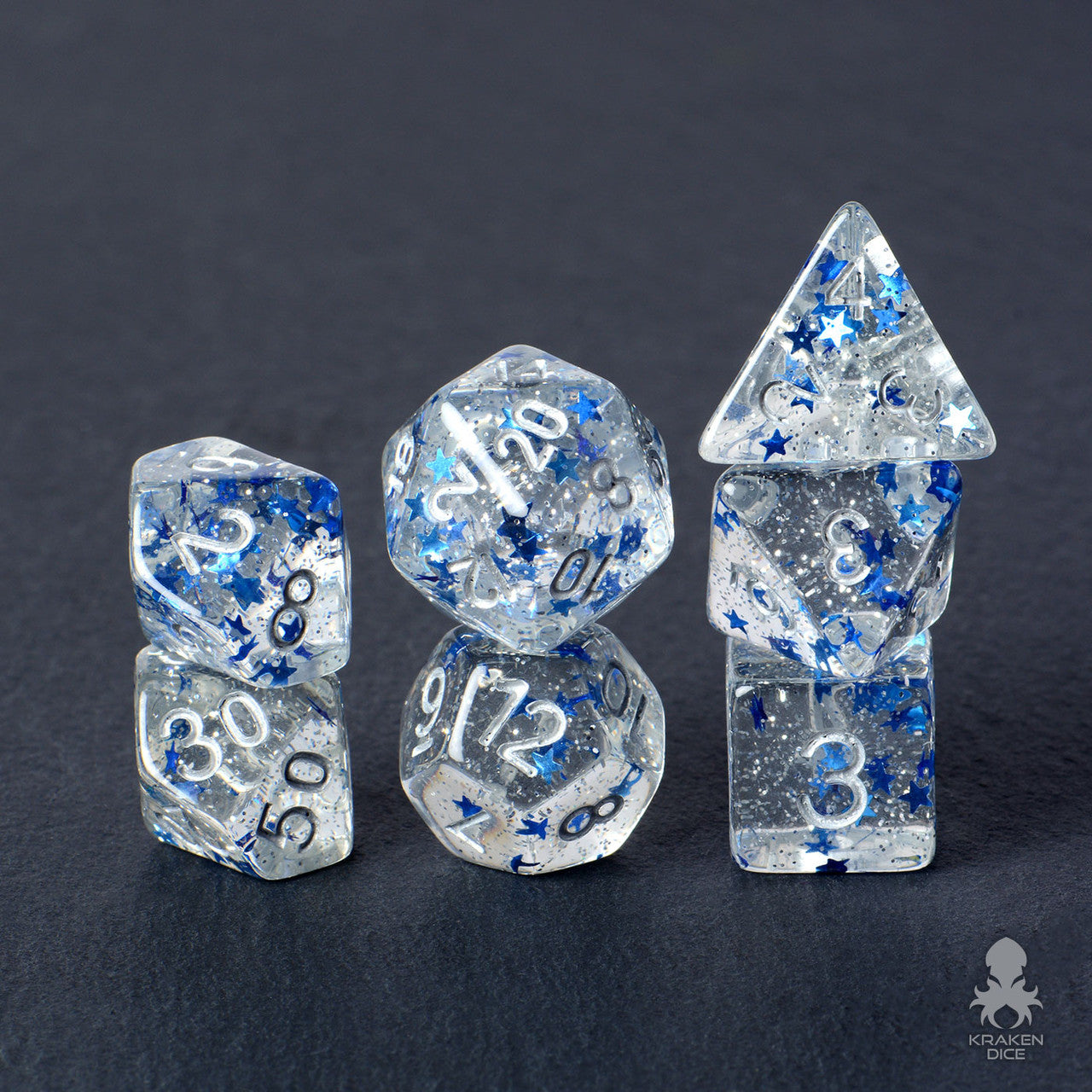 Starlight Wish Blue Stars and Silver Glitter 7pc Polyhedral Dice Set