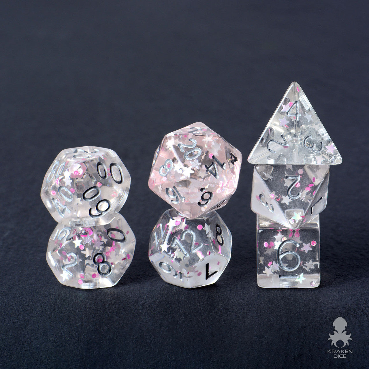 Starlight Wish Pink Glitter with White Stars 7pc Polyhedral Dice Set