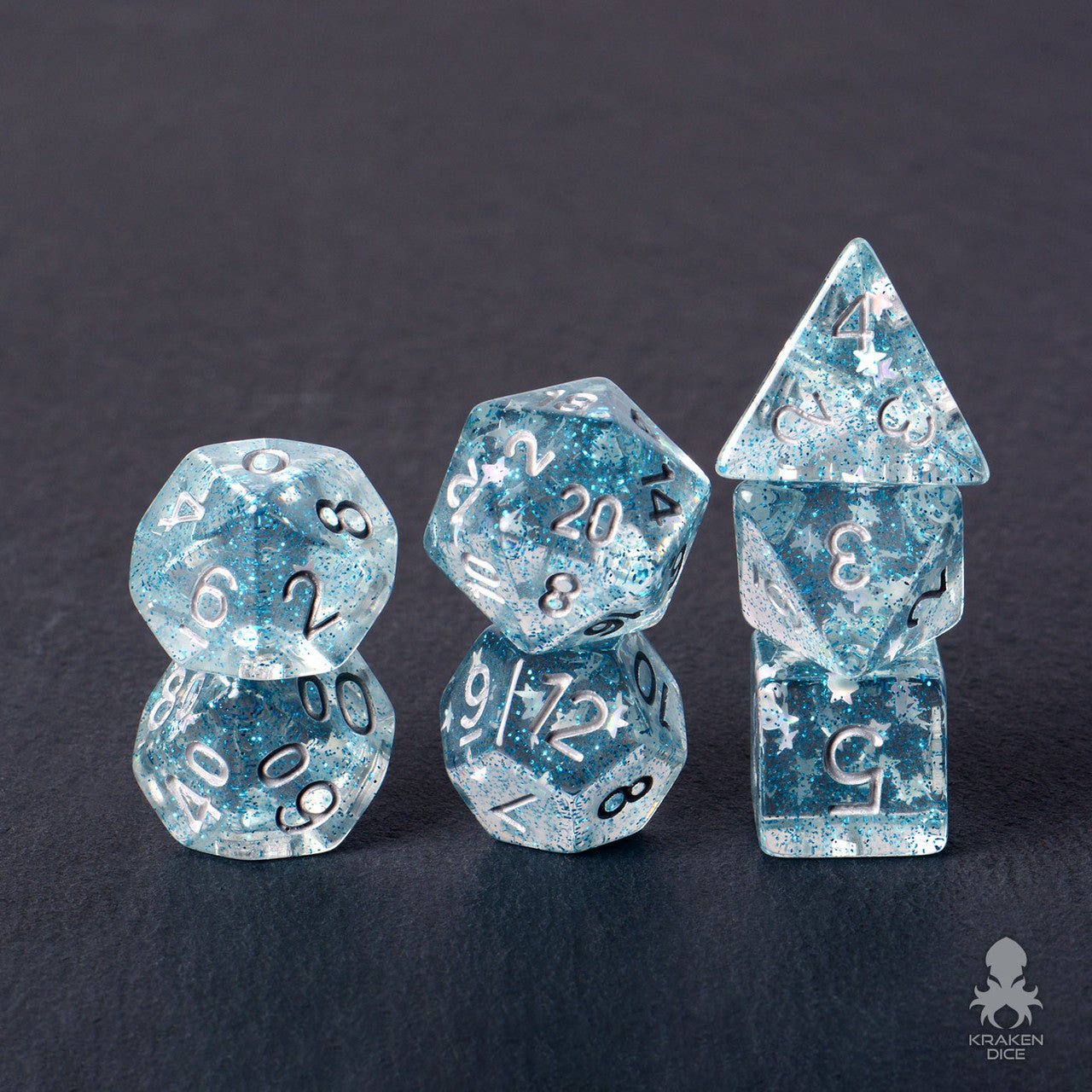 Starlight Wish White Stars and Blue Glitter 7pc Polyhedral Dice Set