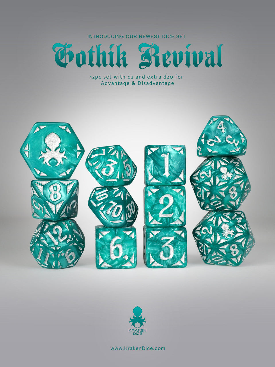 Teal Gothik Revival RPG 12pc Dice Set