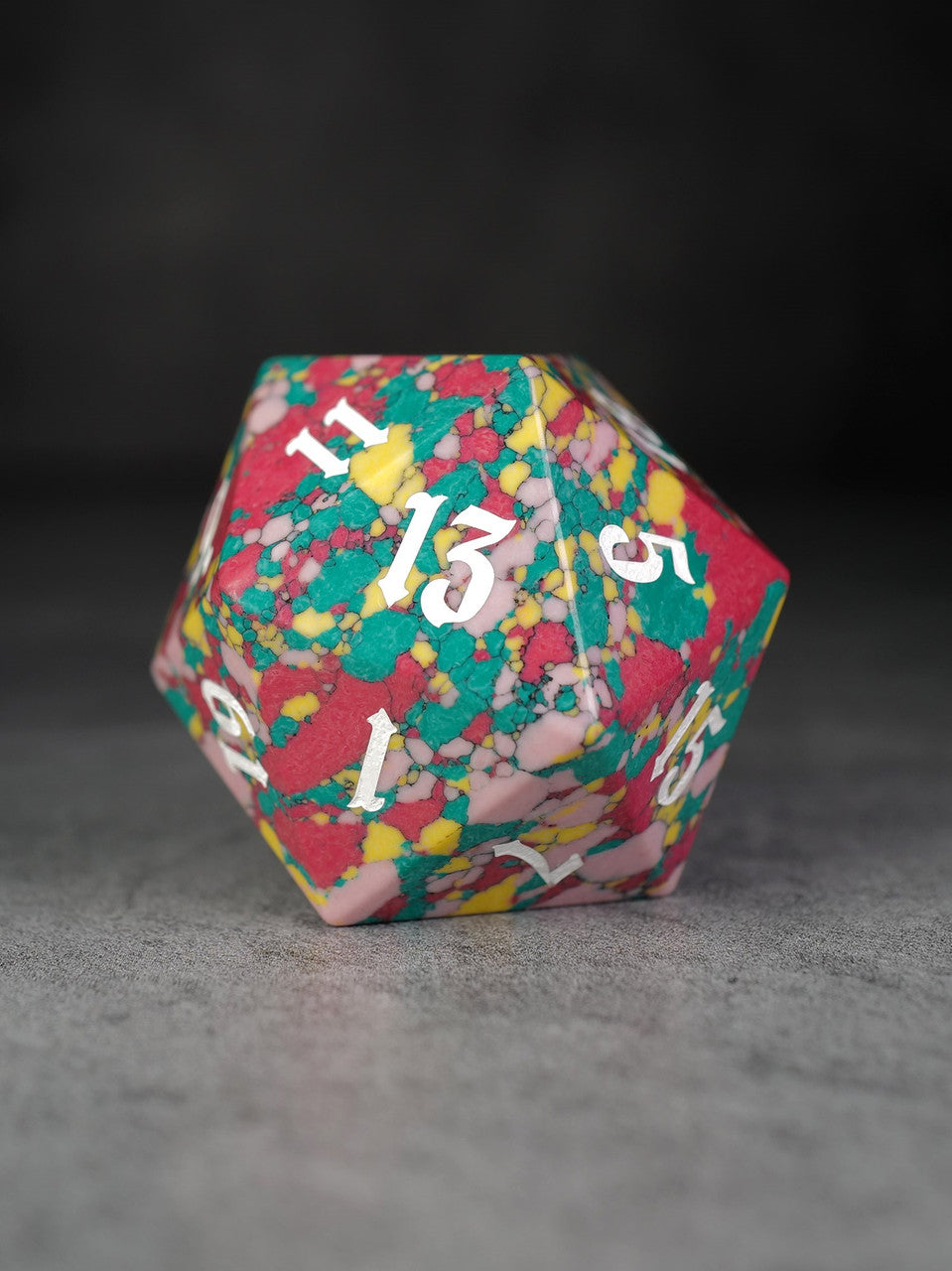 40mm Teal Pink Red Mosaic Semi-Precious Single D20 with White Ink
