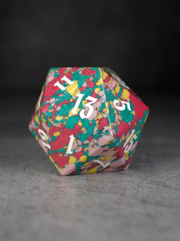 40mm Teal Pink Red Mosaic Semi-Precious Single D20 with White Ink