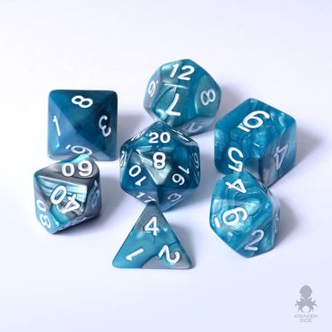 Teal Steel White Ink 7pc Fusion Dice Set For RPGs
