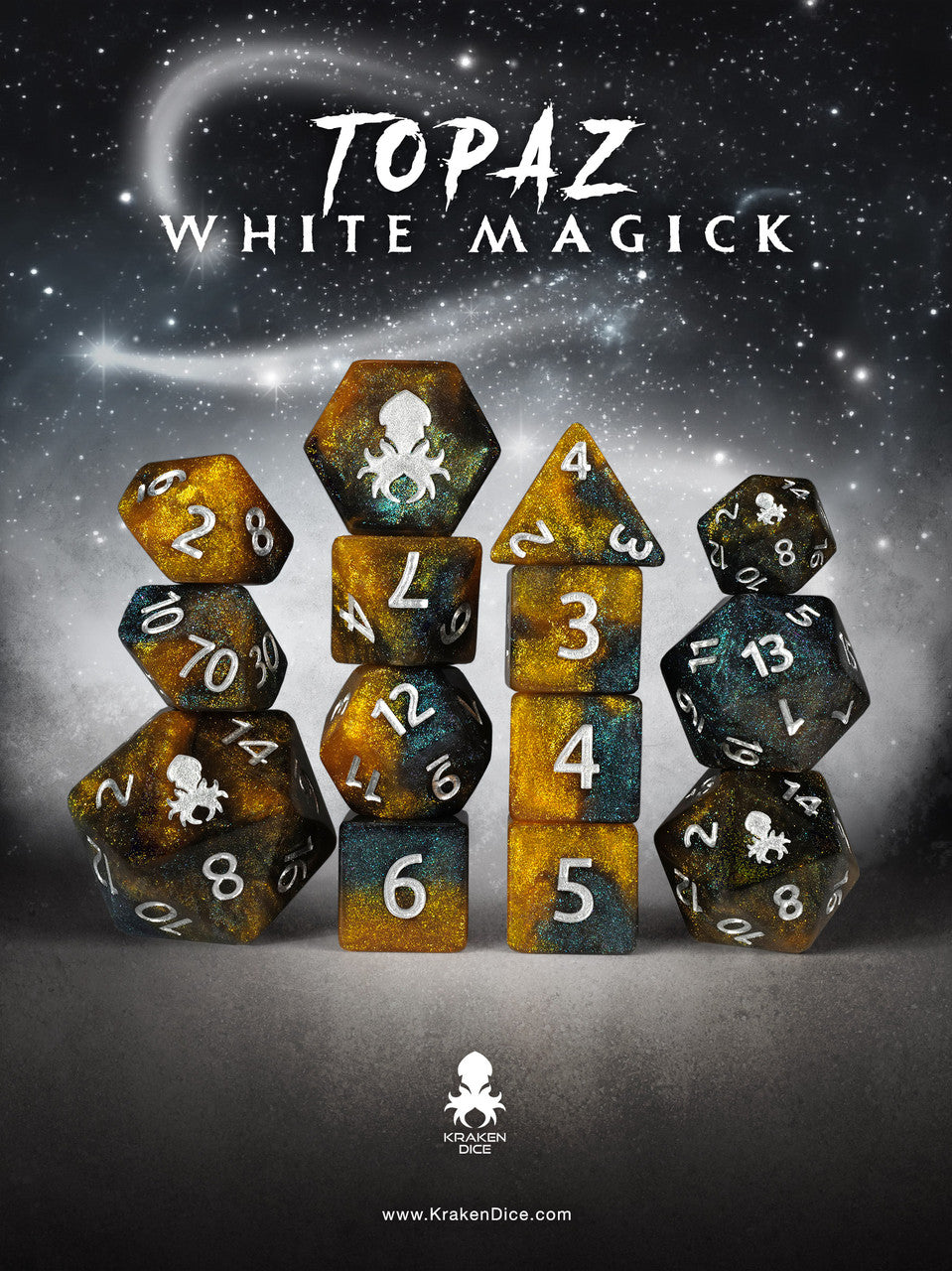 Topaz White Magick 14pc Dice Set inked in Silver