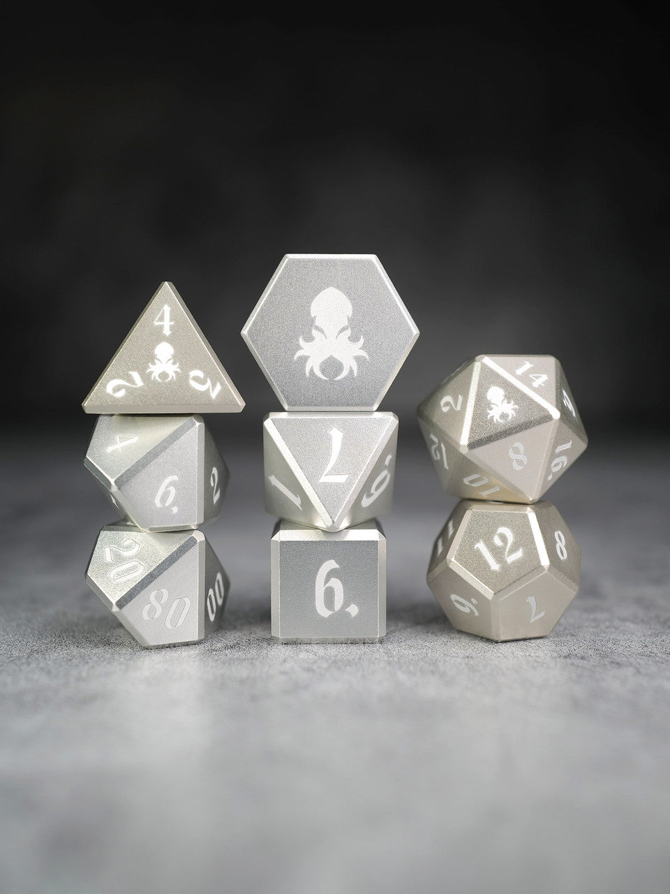 Vulcan: 8pc Silver Aluminum TTRPG Dice Set