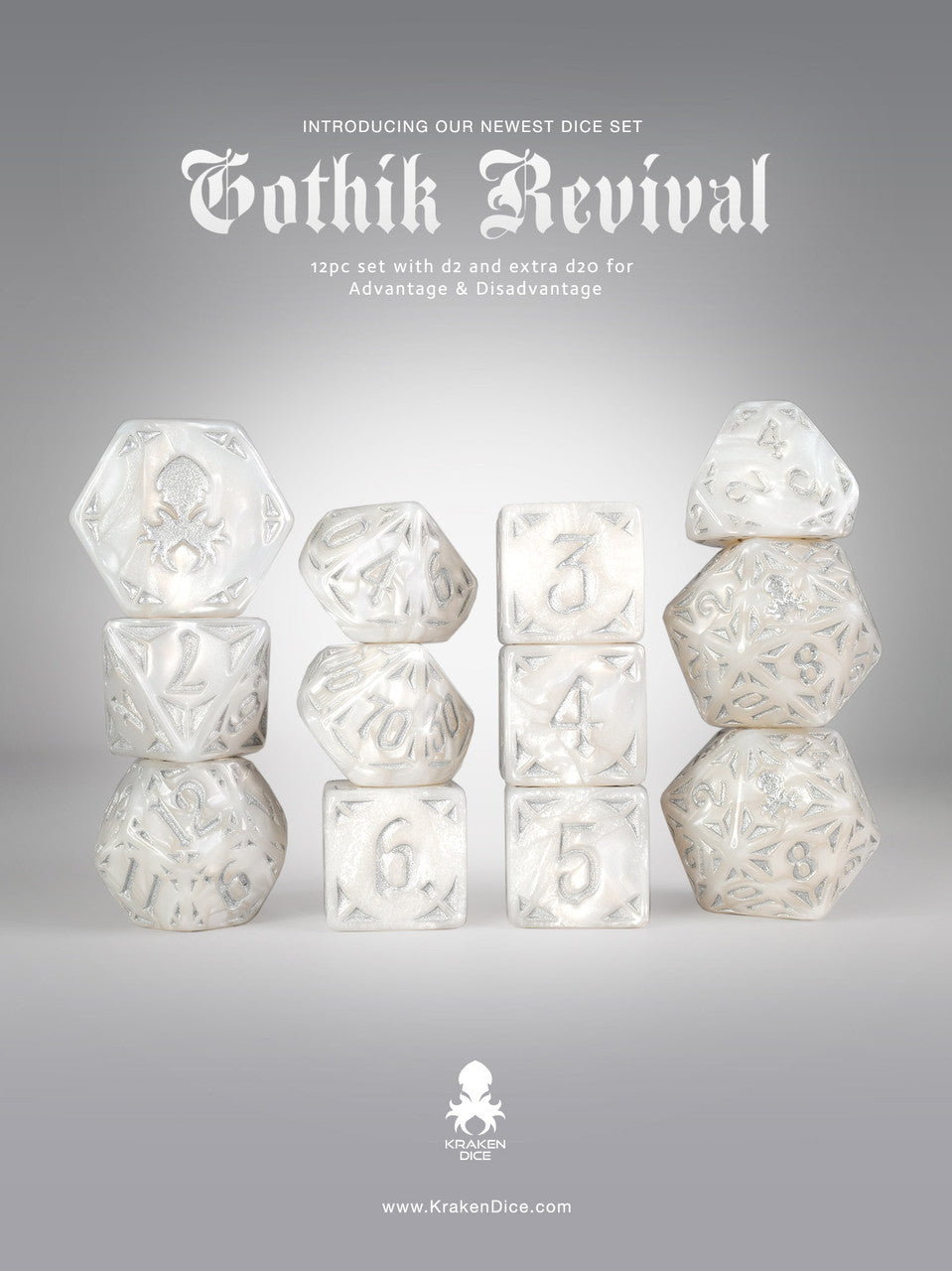 White Gothik Revival RPG 12pc Dice Set