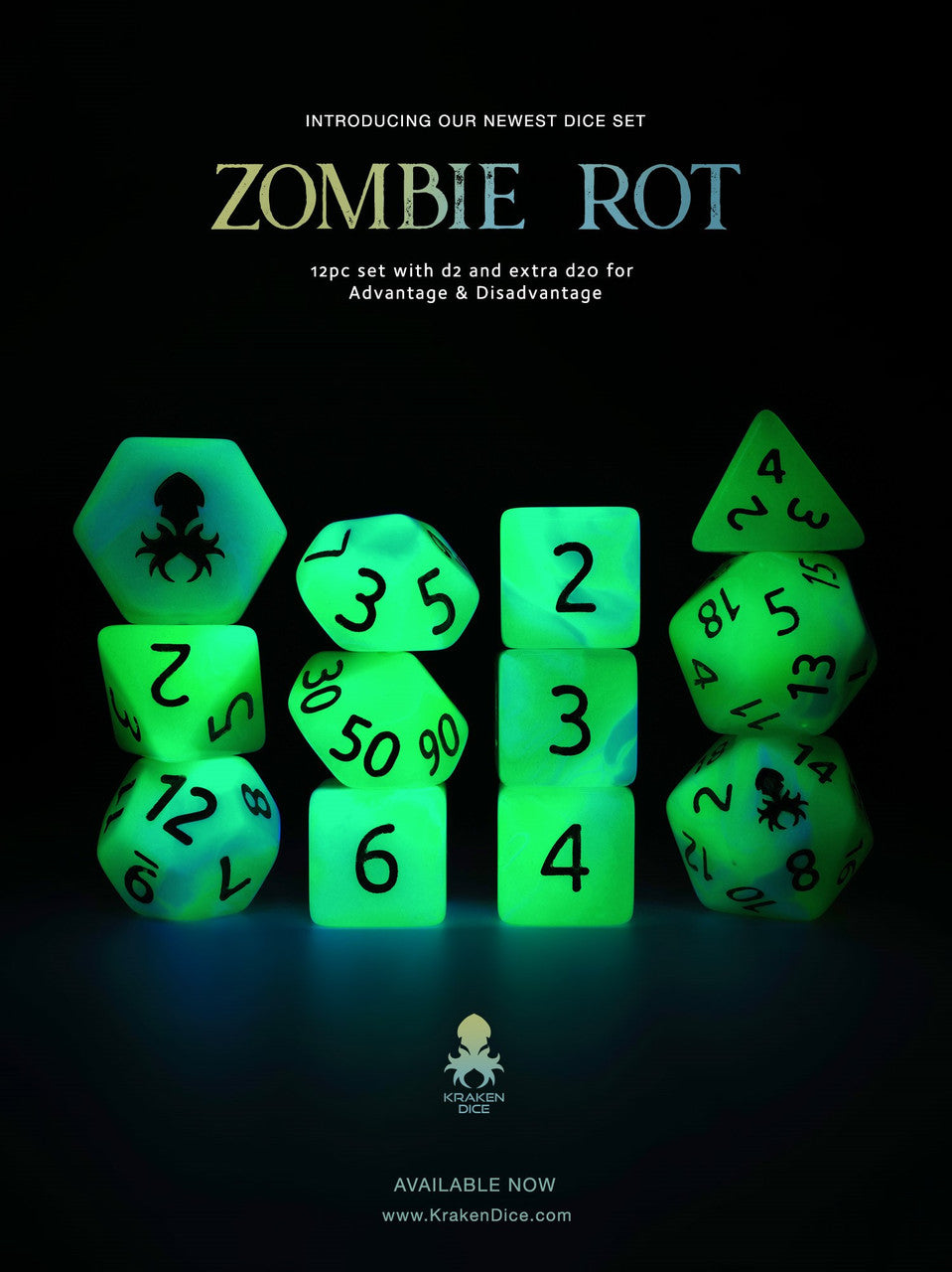 Zombie Rot 12pc Glow in the Dark RPG Dice Set