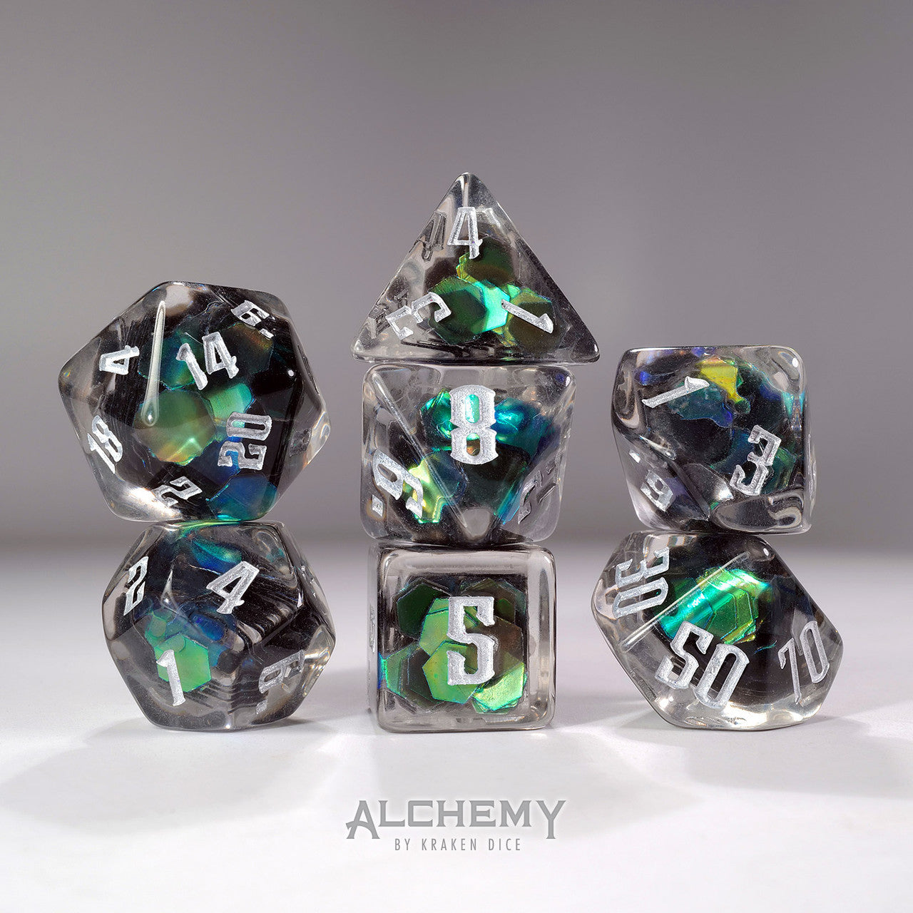 7pc Exotic Green Galaxy with Silver Ink by Alchemy Dice