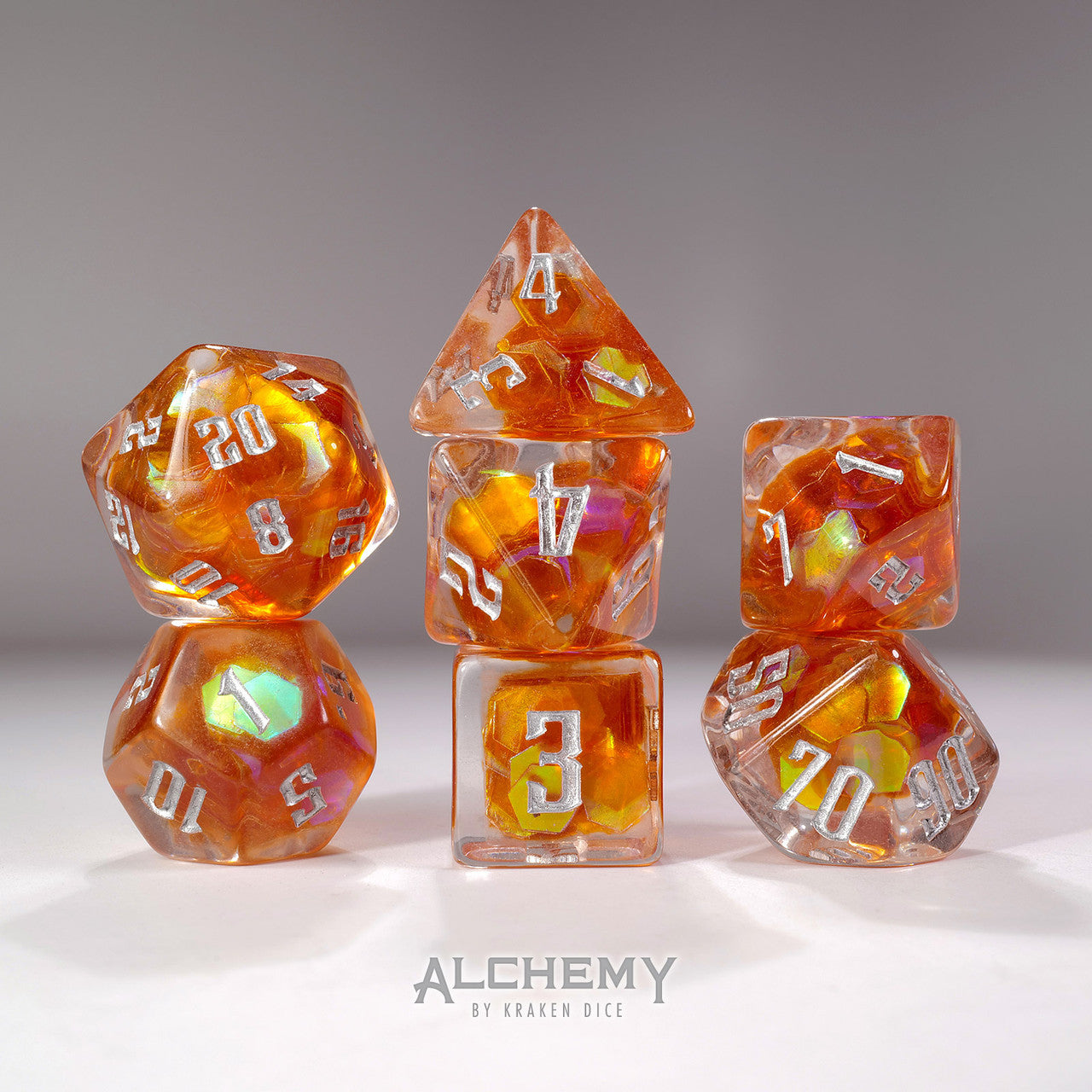 7pc Exotic Orange Galaxy with Silver Ink by Alchemy Dice
