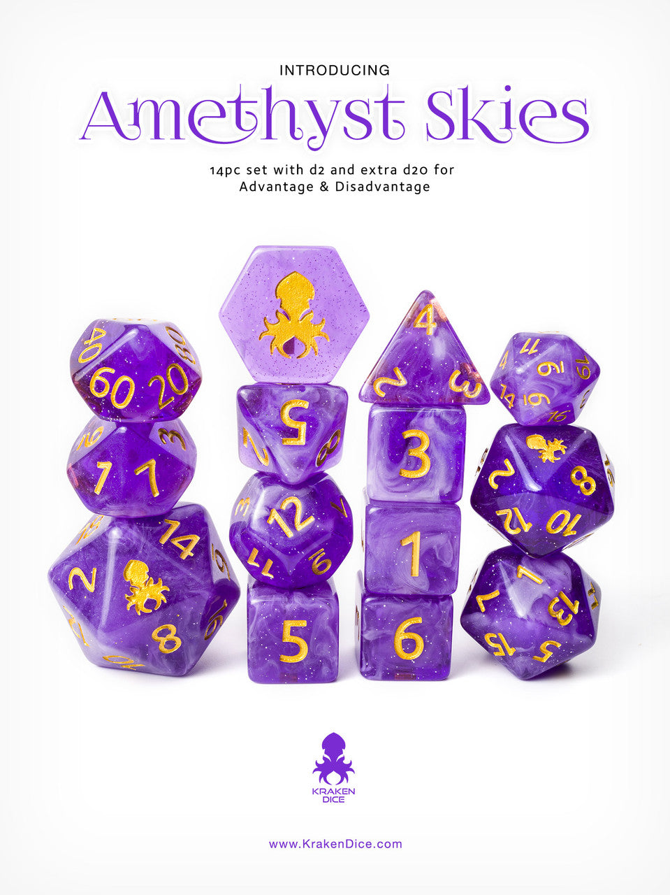 Amethyst Skies 14pc Gold Ink with Kraken Logo Polyhedral Dice Set for RPGS