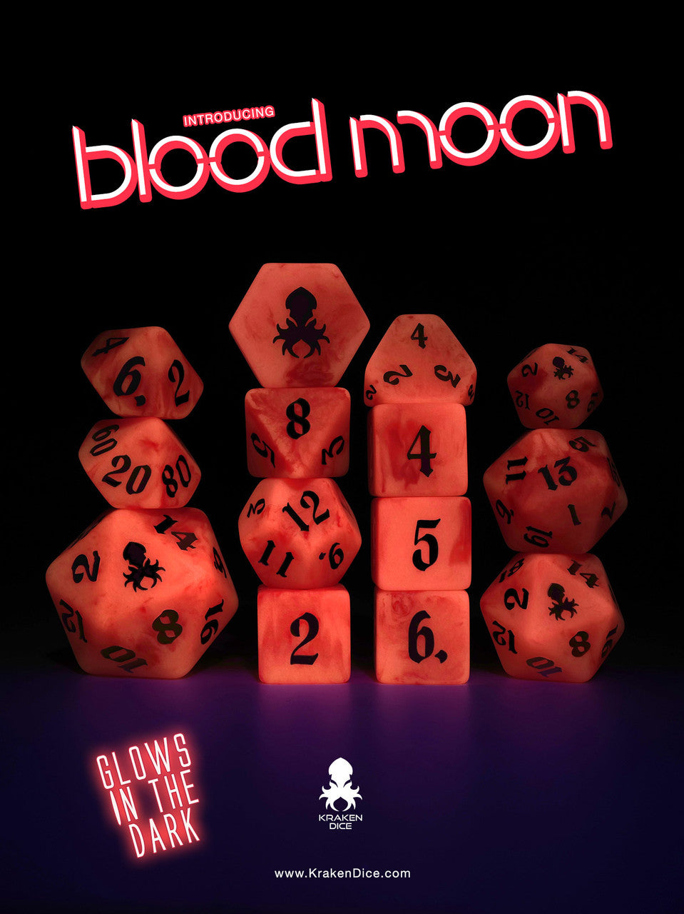 Blood Moon Glow in the Dark 14pc Dice Set inked in White