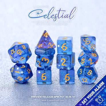 Celestial 14pc Gold Ink Dice Set With Kraken Logo