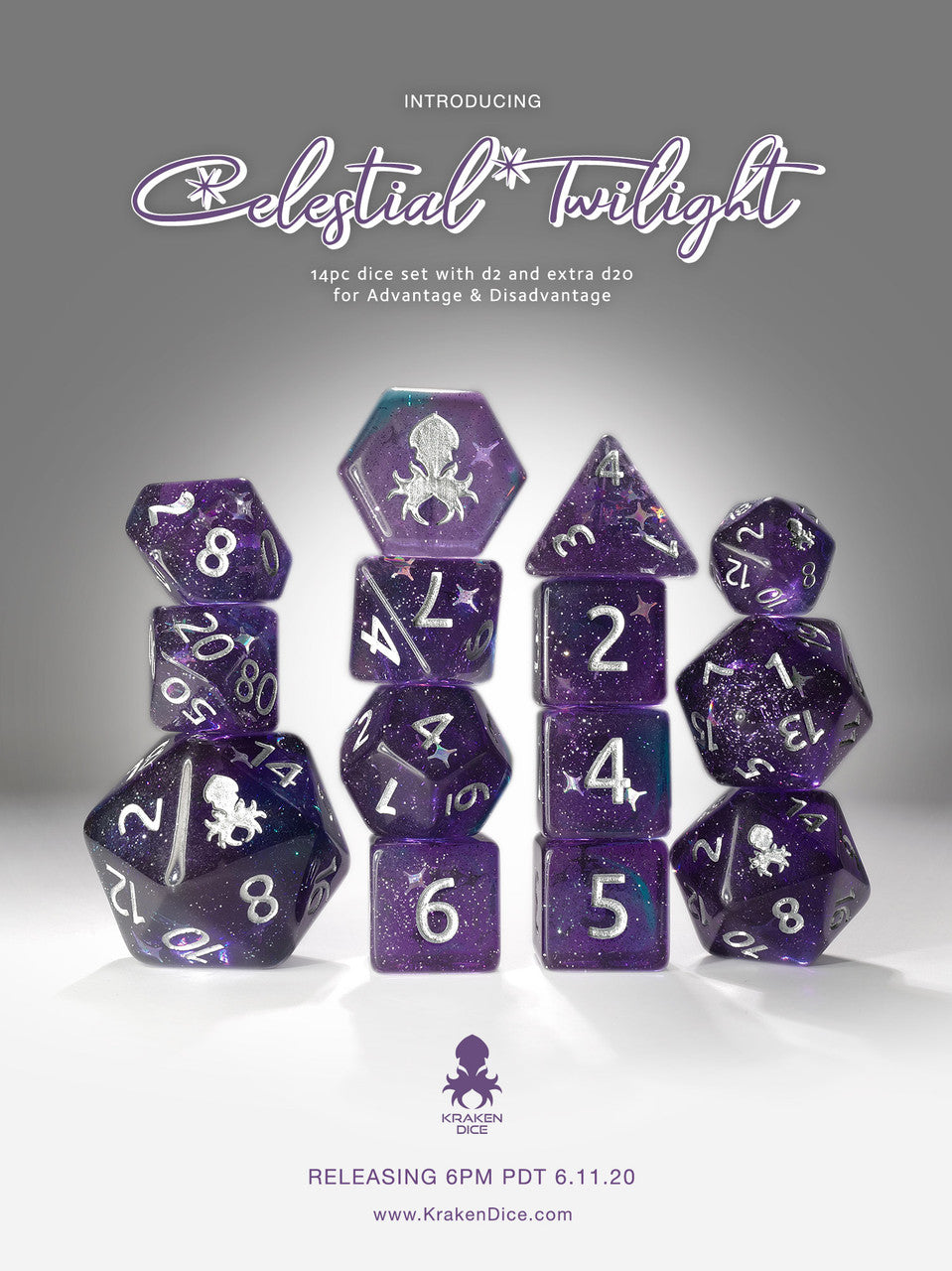 Celestial Twilight 14pc Silver Ink Dice Set With Kraken Logo