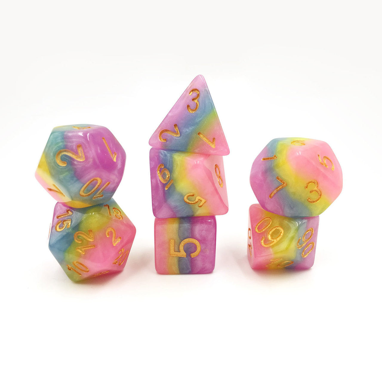 Pastel Rainbow 7pc Dice Set Inked in Gold