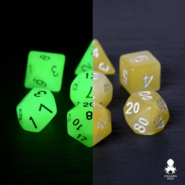 Yellow & White (Green Glow) Glow in the Dark Dice Set