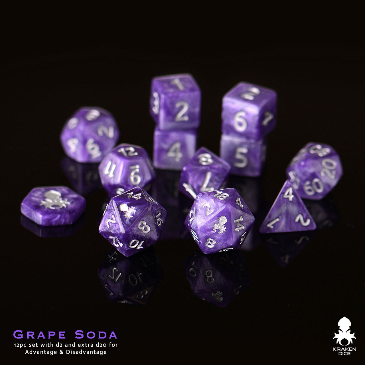 Grape Soda 14pc DnD Dice Set With Kraken Logo in Gold Ink