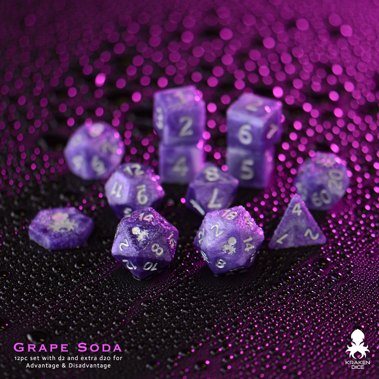 Grape Soda 14pc DnD Dice Set With Kraken Logo in Gold Ink