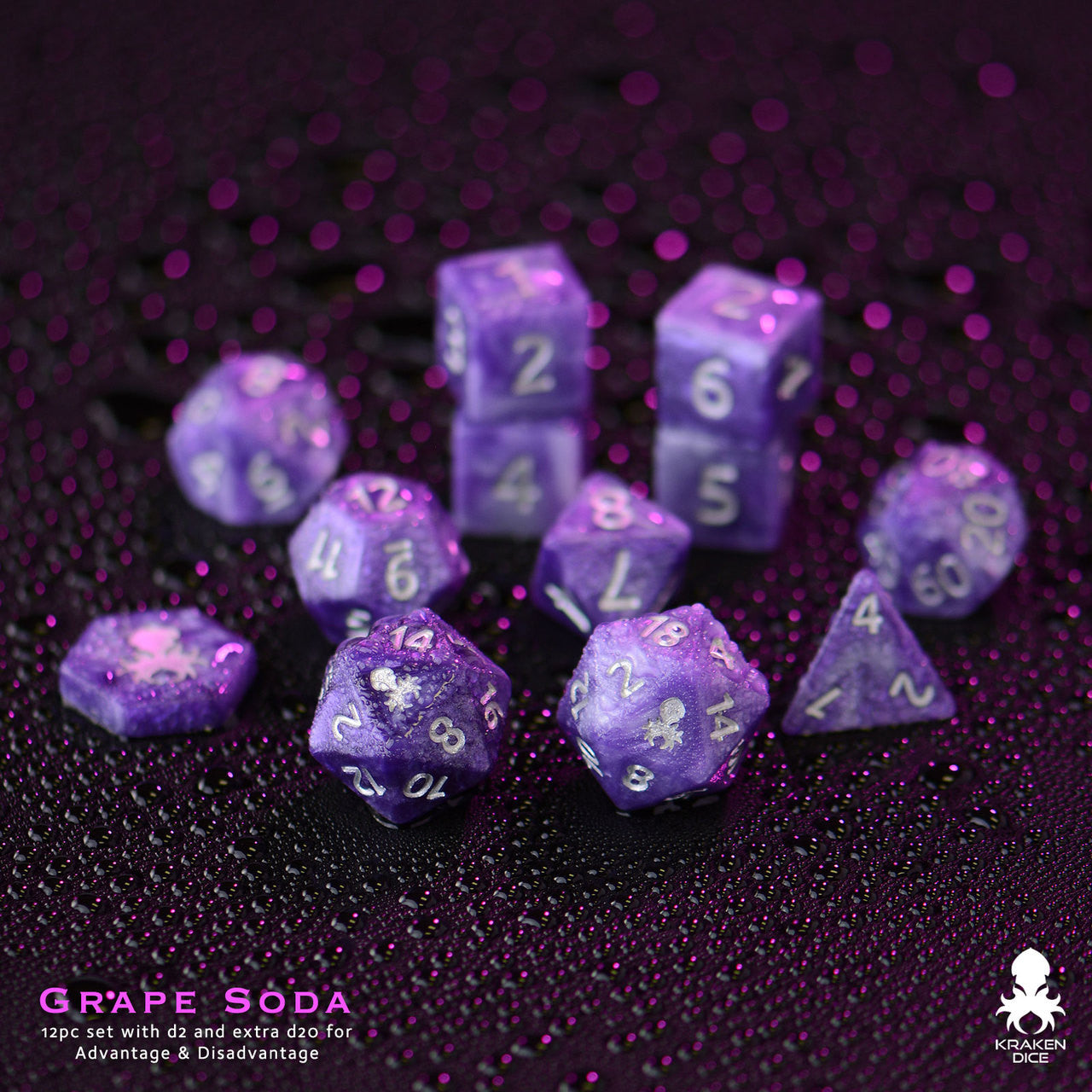 Grape Soda 14pc DnD Dice Set With Kraken Logo in Gold Ink